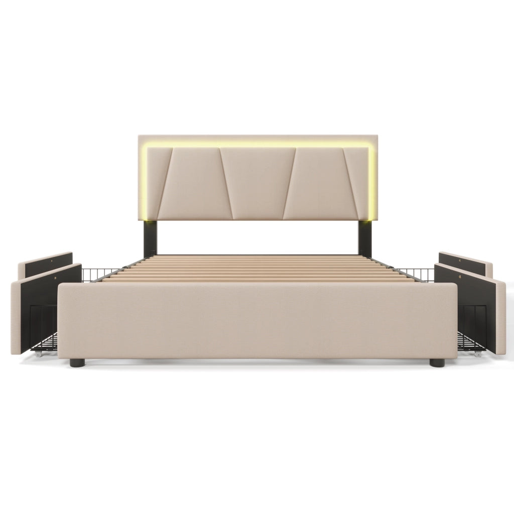 DESMIU Letto contenitore 160 × 200 cm 2 posti con LED, 4 cassetti, testiera regolabile, senza materasso, beige