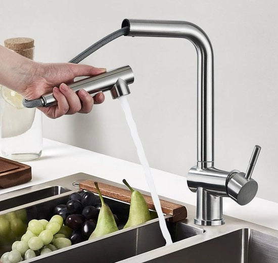 Faucetta da cucina in acciaio inossidabile con superficie a specchio, ruota di 360°, maniglia di rosina per alta pressione, miscela acqua calda e fredda, fissaggio e svincolo
