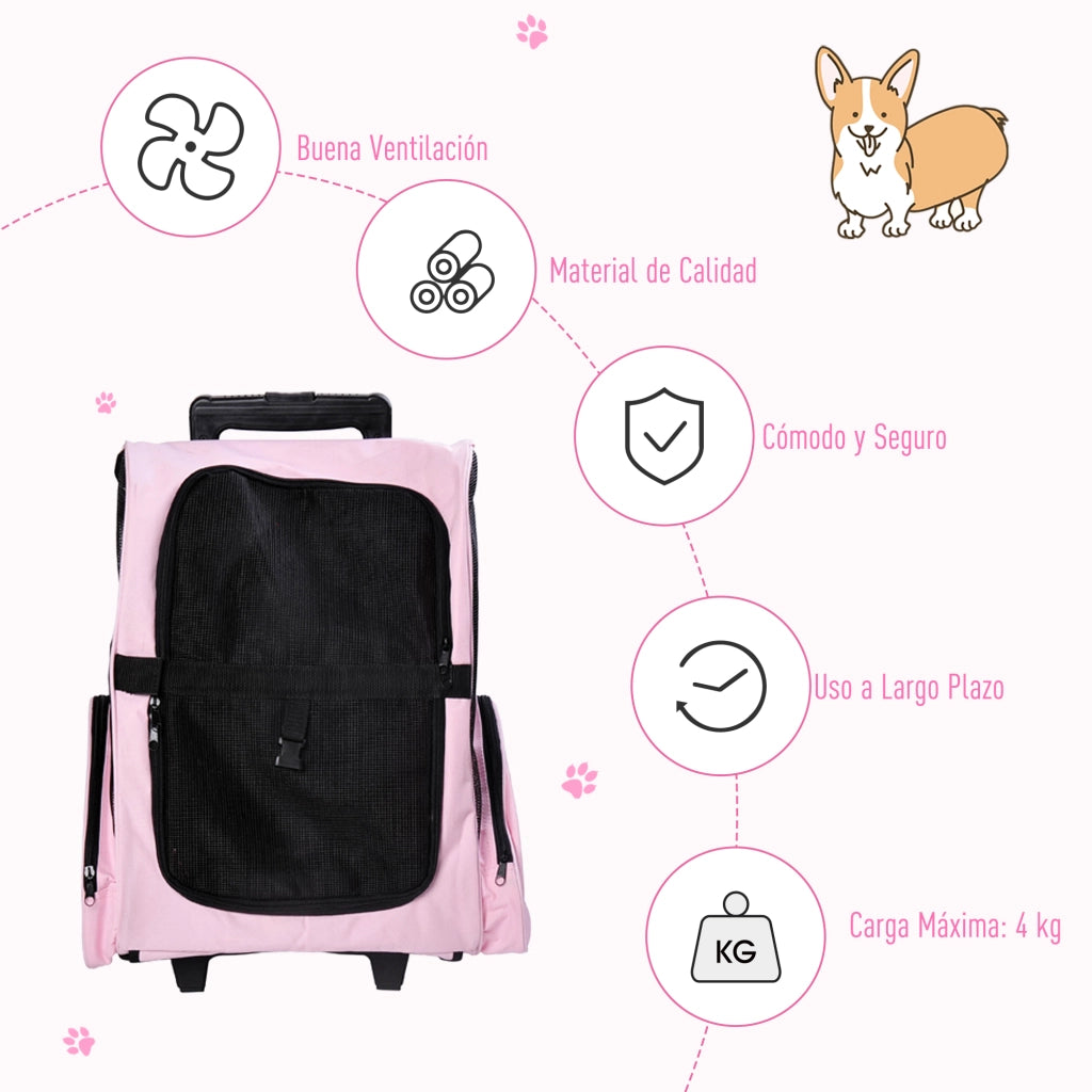 Zaino Trolley 2 in 1 per Animali Domestici ¨C Xylo ¨C Rosa, 42x25x55 cm, con Ruote e Manico Telescopico