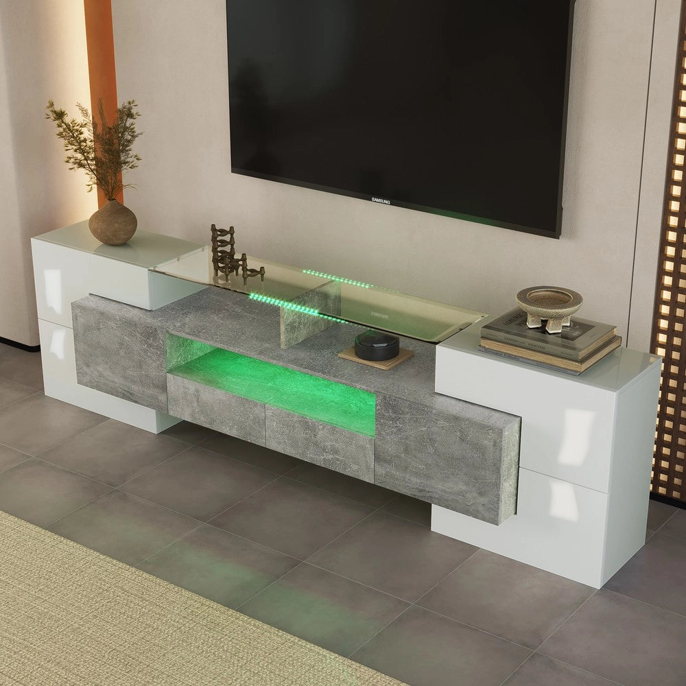 Mobile TV Lowboard Bianco Lucido con LED ¨C Xylo ¨C 200 cm, Vetro, Soggiorno