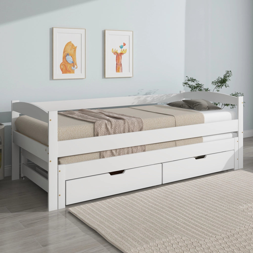 Letto a scomparsa con ruote - Zephmum- 2 cassetti MDF, telaio in legno massello, bianco (200x90/190x90cm)