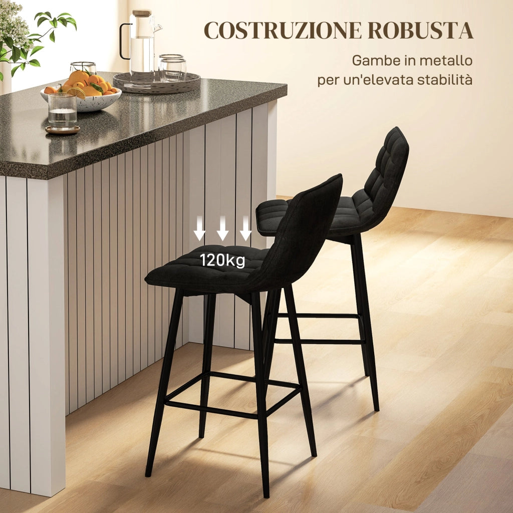 Set 2 Sgabelli da Cucina Stile Nordico 45x47x84 cm in Tessuto Effetto Velluto e Metallo Nero