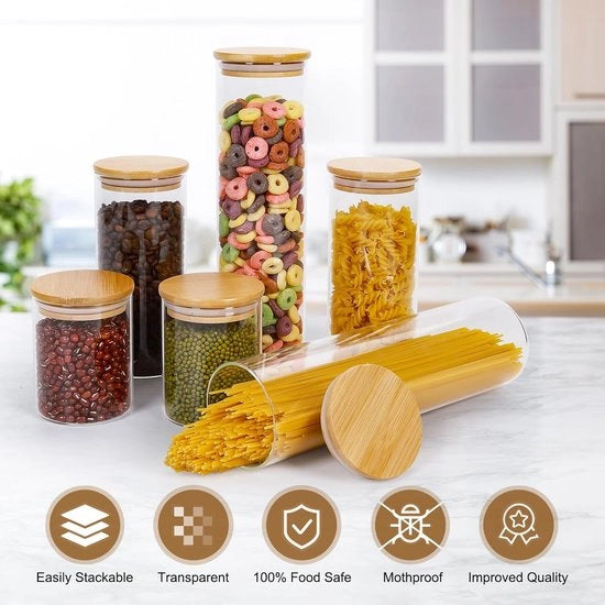 Set di 6 contenitori a chiusura ermetica in vetro per la conservazione di alimenti con coperchi in legno