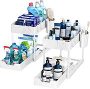 Organizzatore per 2 livelli multiuso per il lavandino da 2 pezzi con cassetti estraibili e ripiano scorrevole per spazio sotto il lavandino - Bianco