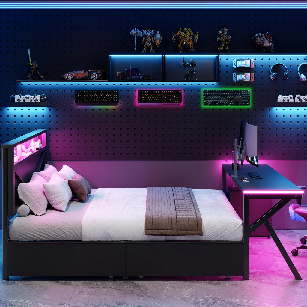 Letto Singolo 140x200 cm con LED; Scrivania e 2 Cassetti in Metallo e MDF - Nero
