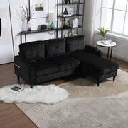 Divano 4 posti con pouf contenitore e portabicchieri 196;5x75x77 cm; chenille nero