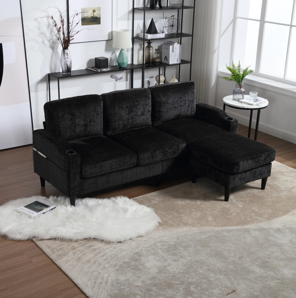 Divano 4 posti con pouf contenitore e portabicchieri 196;5x75x77 cm; chenille nero