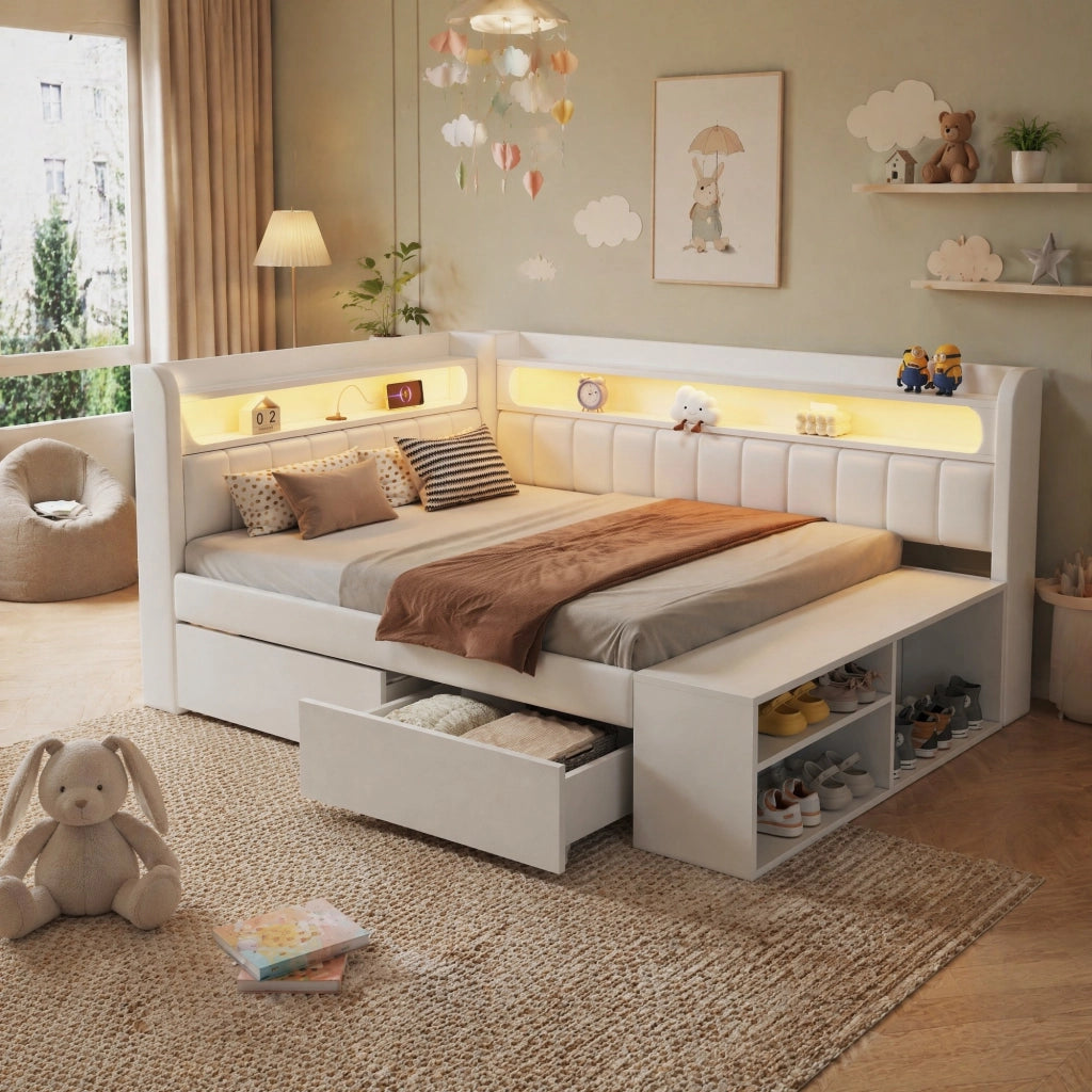 Letto imbottito 90x200 cm con LED; USB; due cassetti e scarpiera; bianco