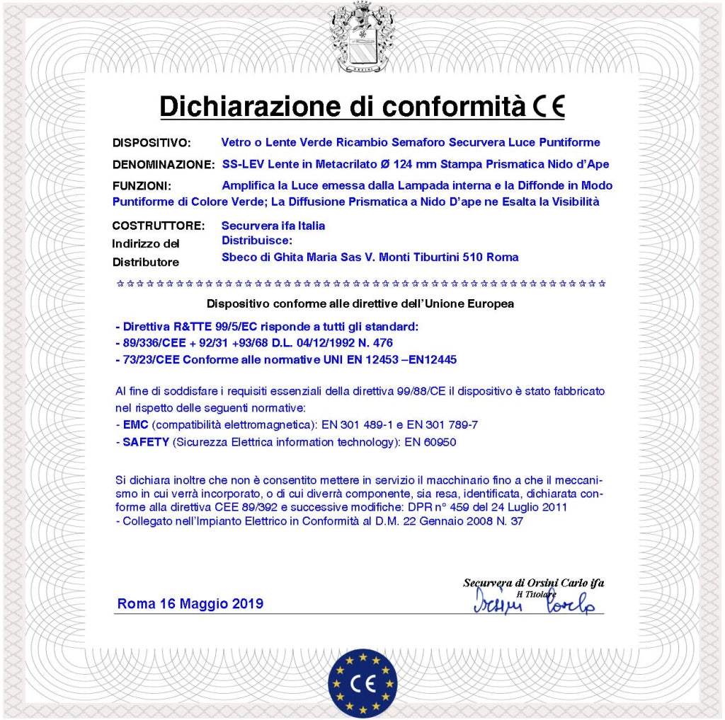 Lente Verde Ricambio Semaforo Securvera Diametro luce 124 mm Diametro Esterno 135 mm Guarnizione Parapioggia Emissione Amplifica la Luce Modalità Puntiforme