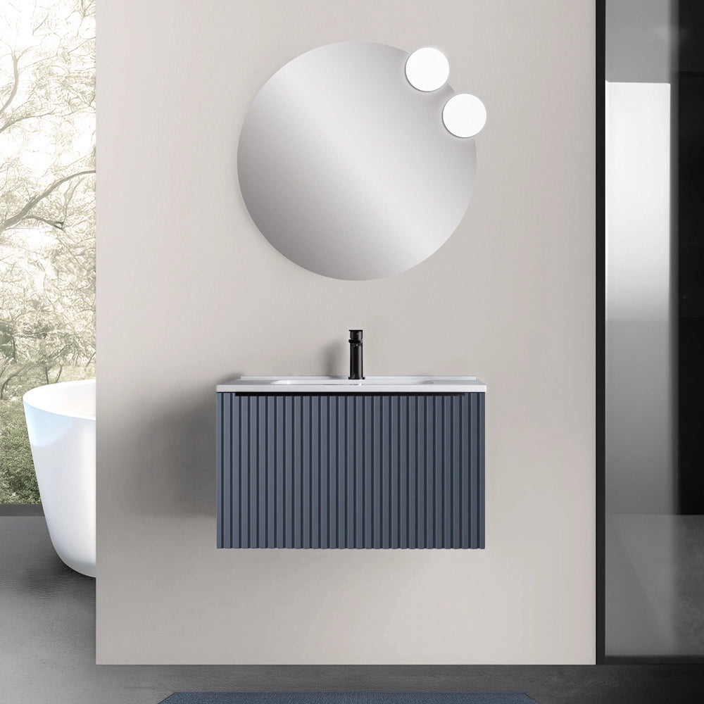Mobile bagno sospeso 70 cm blu notte cannettato con cassetto e lavabo Nara