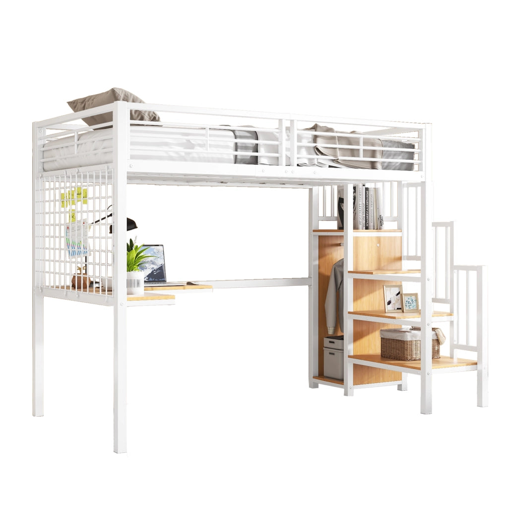 OKWISH Letto a Soppalco 90×200 cm, Letto Singolo con Scala Laterale, Scrivania e Armadio, senza Materasso, in Metallo e MDF, Bianco Naturale