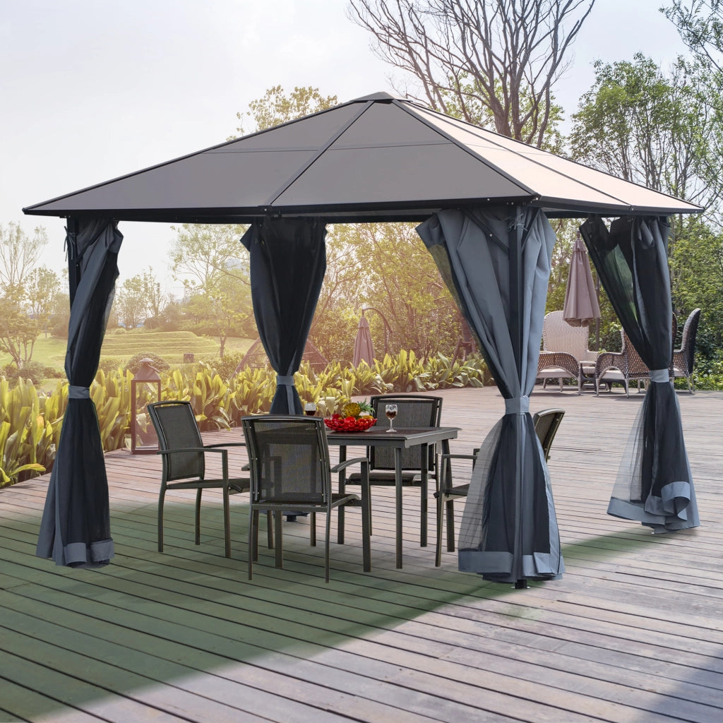 Gazebo con tetto in policarbonato e tende con zanzariera ¨C Zephmum ¨C Grigio scuro 300x300 cm