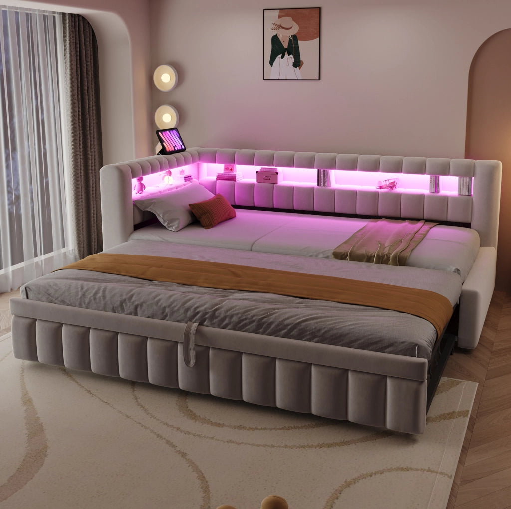 Divano letto estraibile imbottito 90x200 cm con LED; USB e Type-C; velluto beige