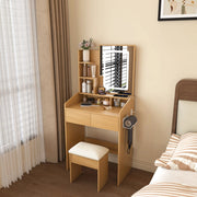 Toeletta compatta con specchio LED regolabile, presa integrata, supporto phon, cassetti e sgabello imbottito, effetto legno naturale