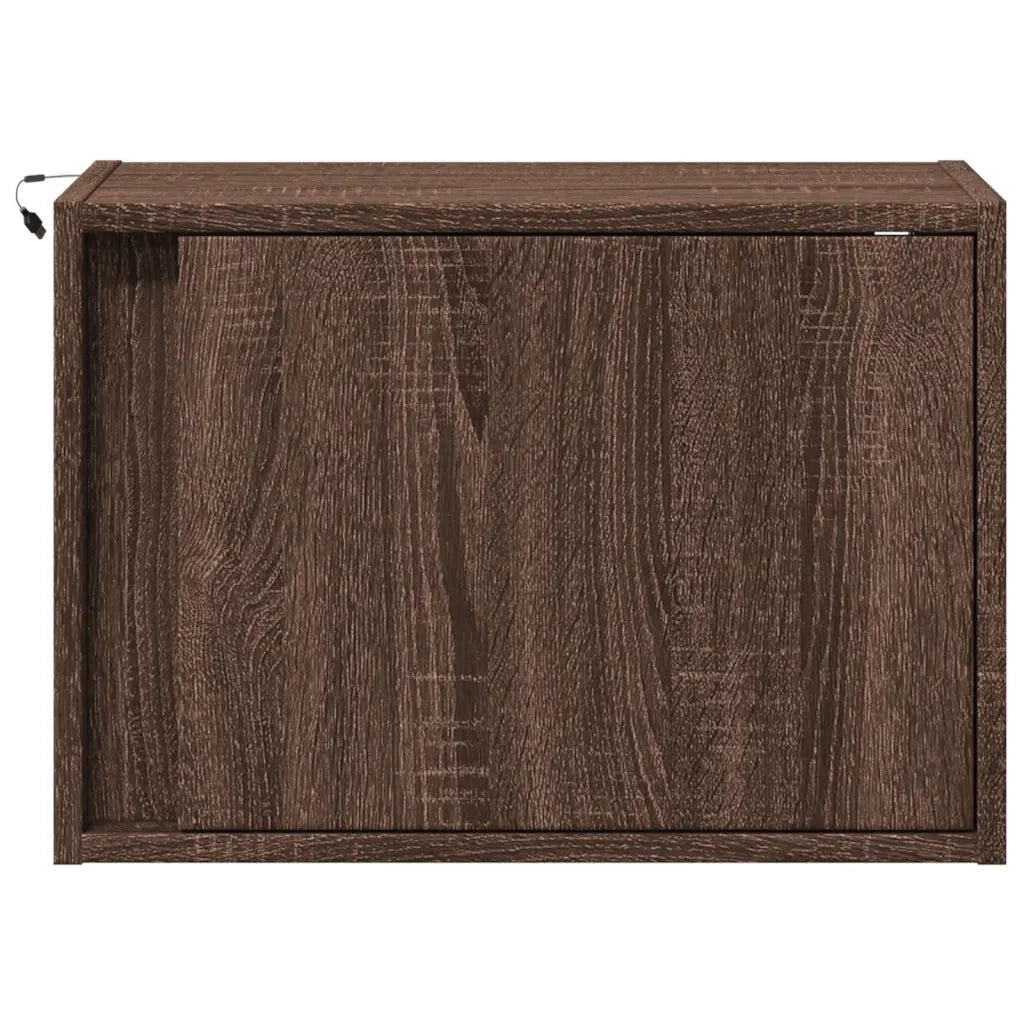 Set di 2 Comodini | Armadio da Notte | Mobiletto da notte a Parete con luci LED Rovere Marrone