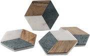Sostegni Geometrici a Sei Angoli a Forma di Mosaico | Manufatti a mano in verde per bicchieri, calici e bicchieri da vino (set da 4) con incastratura di marmo verde su piede di marmo bianco.