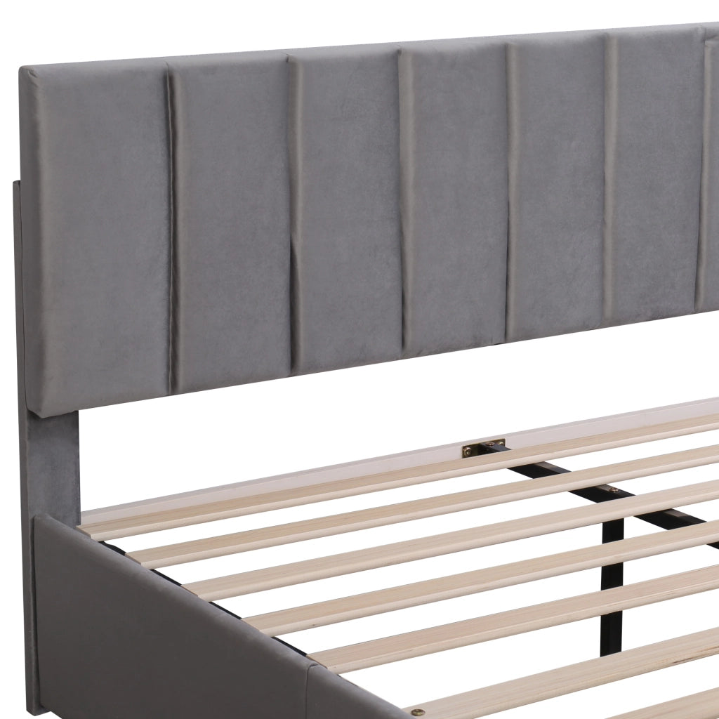DESMIU Letto imbottito 160 × 200 cm 2 posti con 4 cassetti, testiera regolabile, senza materasso, in velluto grigio
