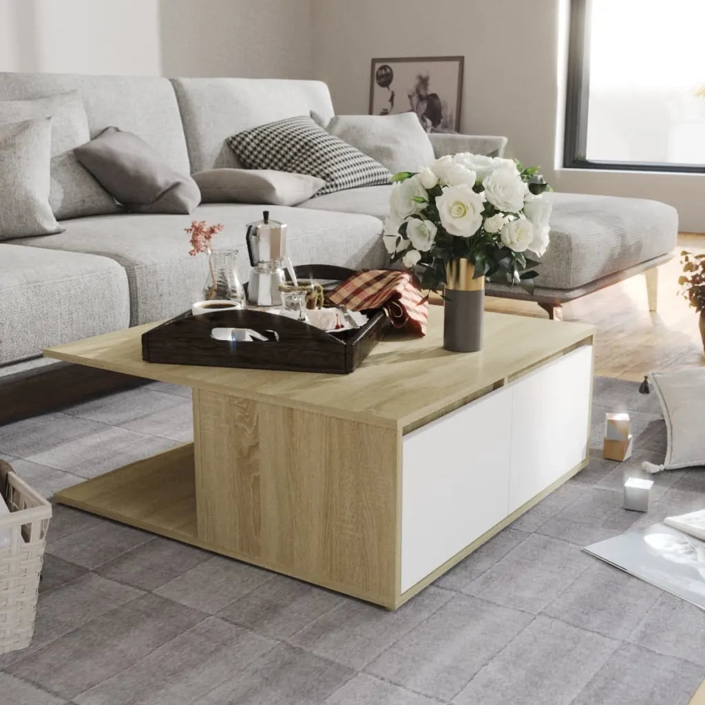 Tavolino Salotto-Tavolino da soggiorno-Tavolo Bianco e Rovere Sonoma 80x80x31cm Multistrato