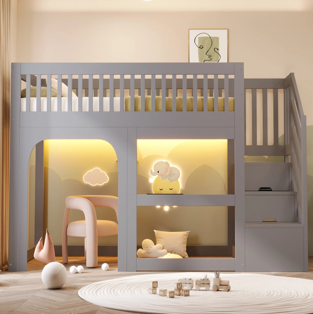 Letto a soppalco per bambini 90x200 cm con scala contenitore e LED