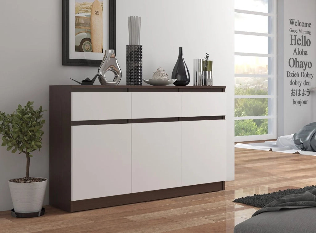 Cassettiera AKORD K140 Wengé 138 cm 3 ante 3 cassetti inserto frontale Bianco 138x40x99 cm