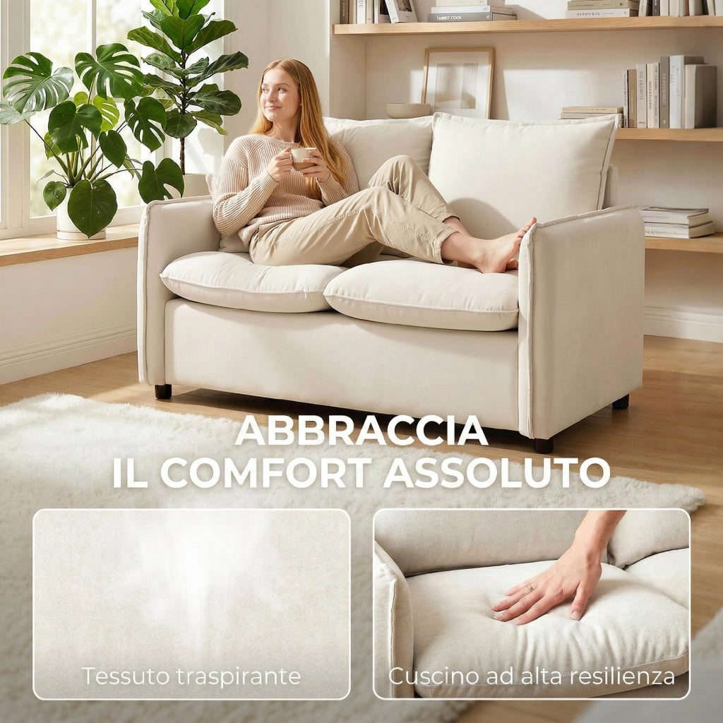 Divano 2 Posti Imbottito in Tessuto Effetto Pelle ¨C Xylo ¨C Crema con Braccioli e Cuscini