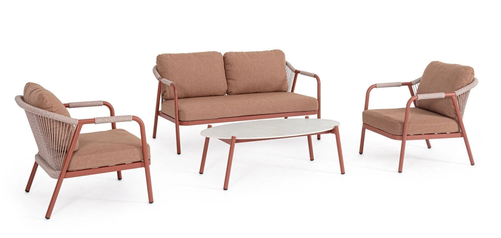 Set 4 Pezzi Salotto da Giardino con Divano 2 Poltrone e Tavolino in Alluminio Corda Poliestere e Pietra Sinterizzata