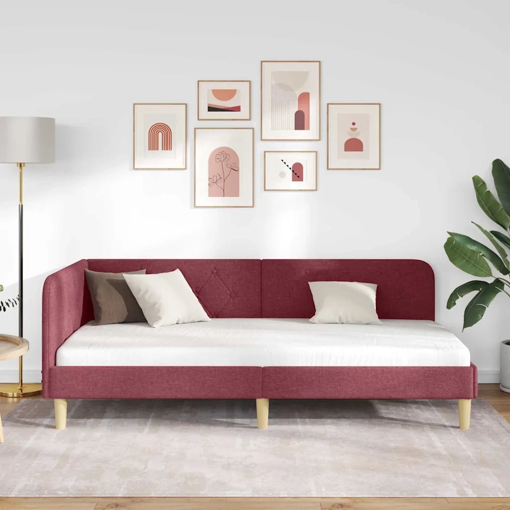 Letto singolo | Letto per adulti | Cornice del letto ad angolo Rosso Vino 90 x 200 cm Tessuto