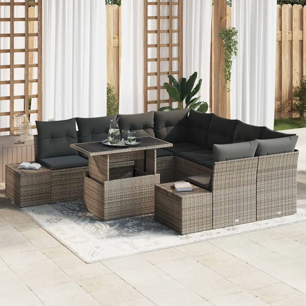 Set Divano da Giardino con cuscino 9 pcs Grigio polyrattan