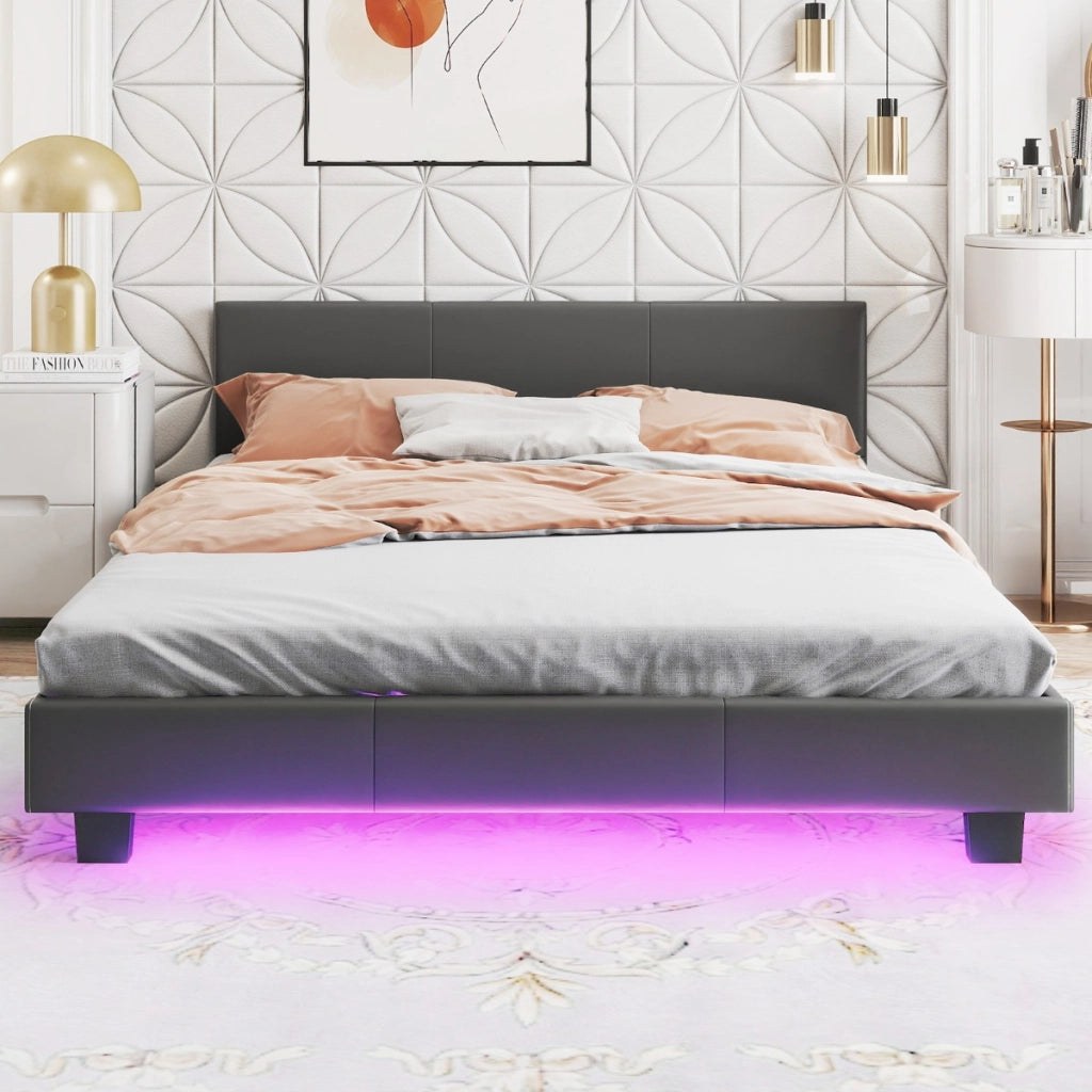Struttura moderna per letto matrimoniale con telecomando, Letto a piattaforma imbottito supporto a listoni Grigio-Arredo letto