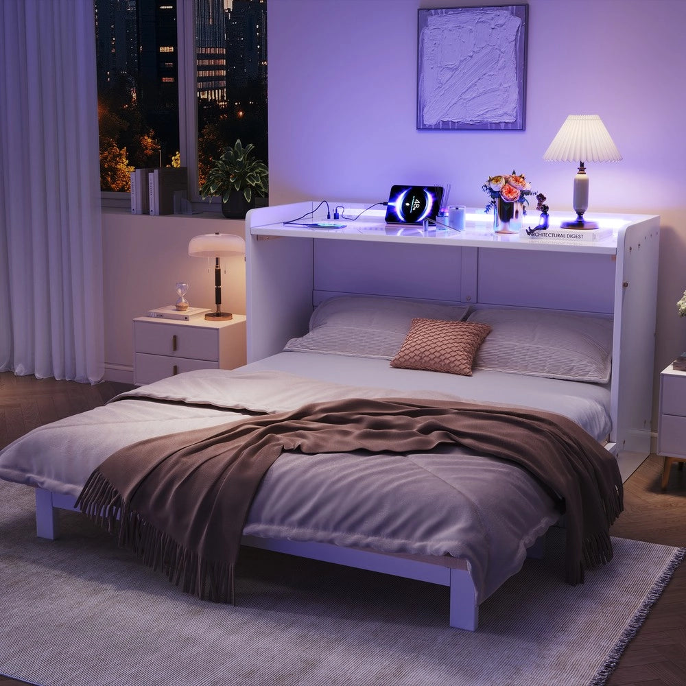 Letto a Scomparsa con Cassetti, LED e Presa USB ¨C Xylo ¨C Bianco Lucido 140x200
