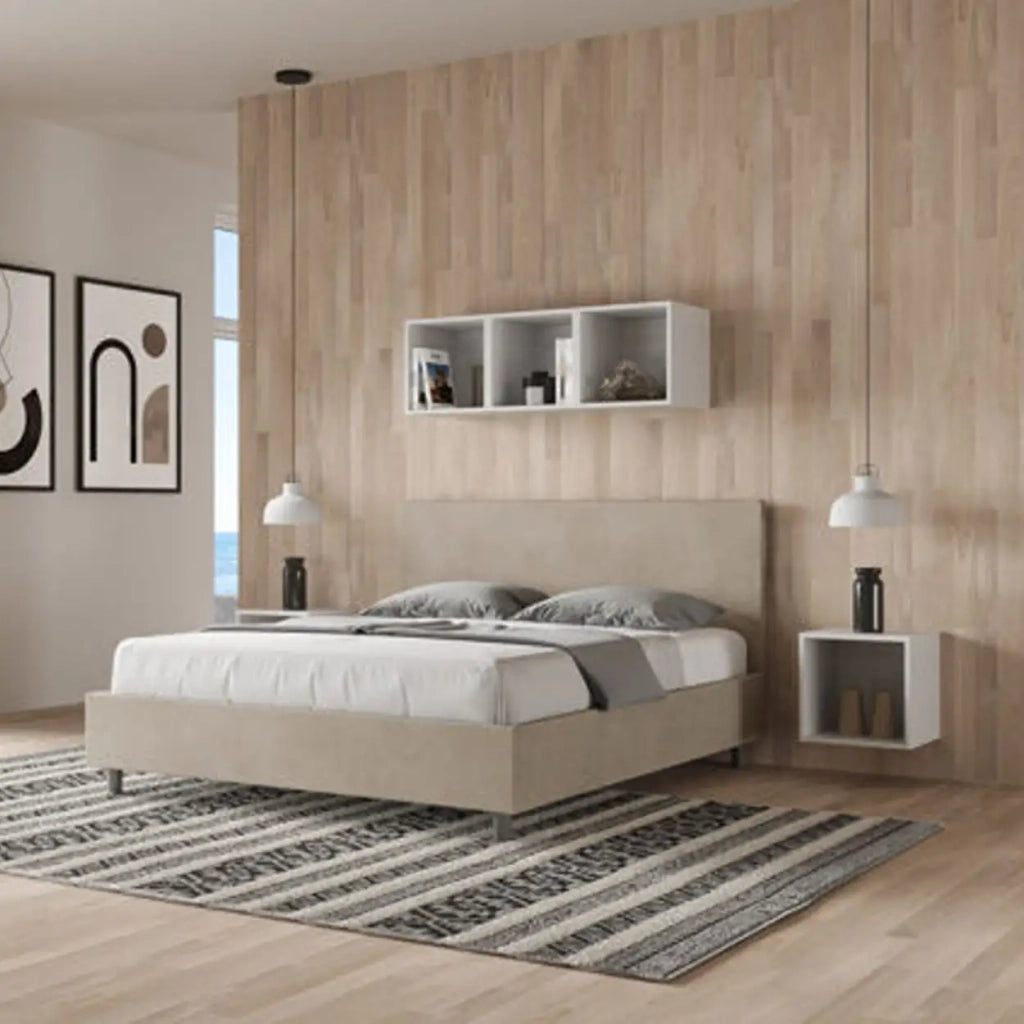 Letto matrimoniale contenitore imbottito 160x190 microfibra sabbia Adele