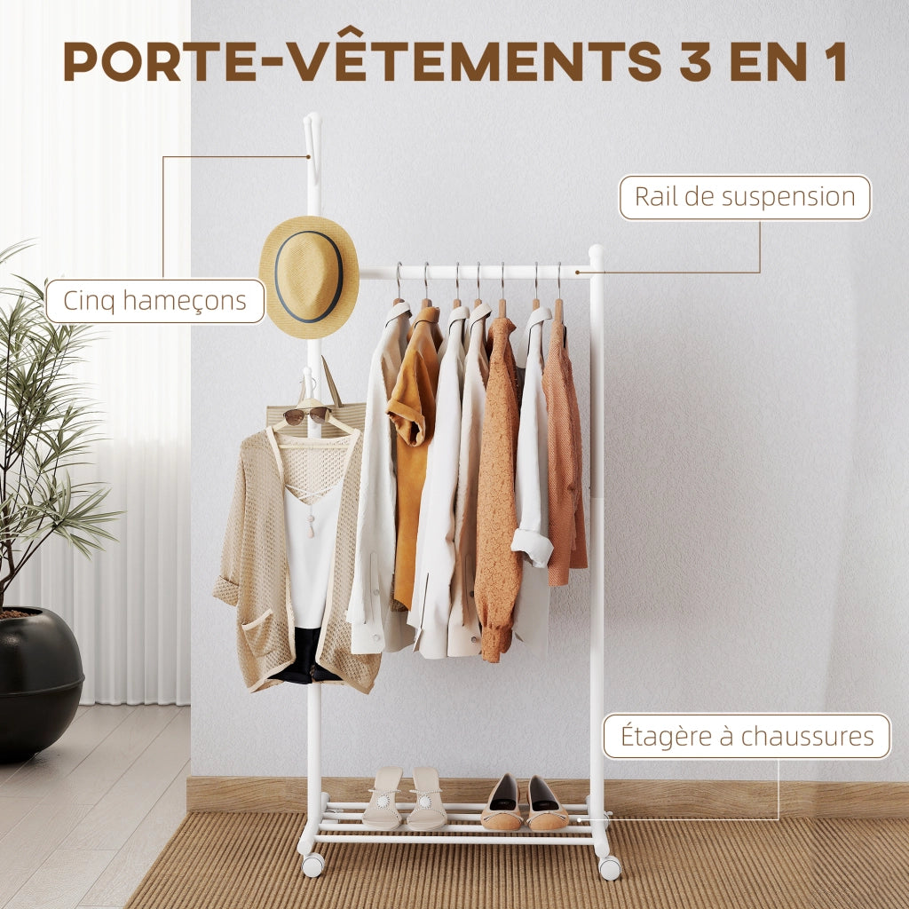 Appendiabiti su ruote con scarpiera e 5 ganci ¨C Xylo ¨C 68x43x171 cm bianco