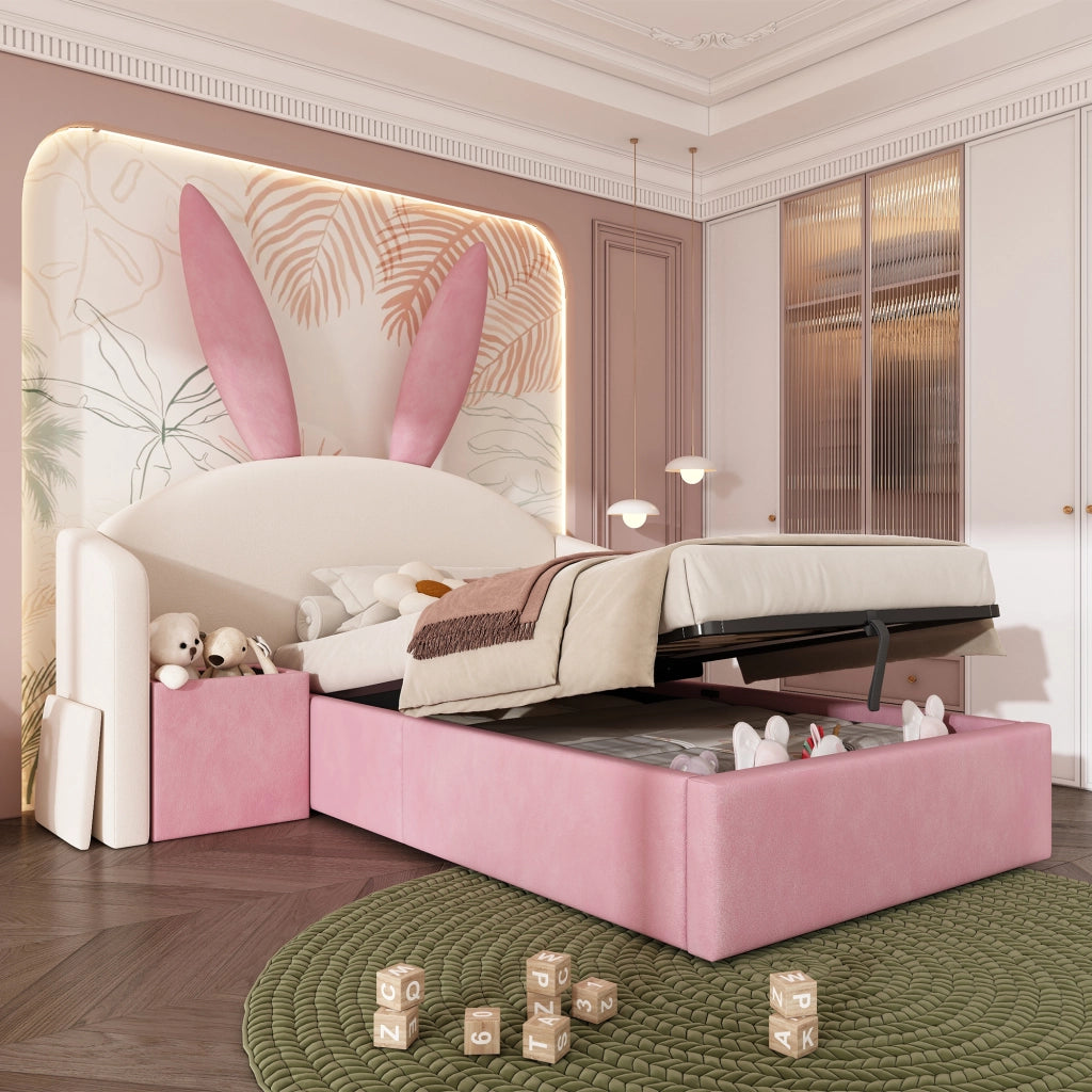 LETTO 90x190 cm in Velluto Beige e Rosa con comodino laterale