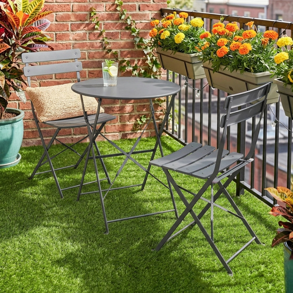 Set Bistrot Giardino 3 Pezzi Tavolo Pieghevole 2 Sedie Pieghevoli ¨C Xylo ¨C Metallo Grigio