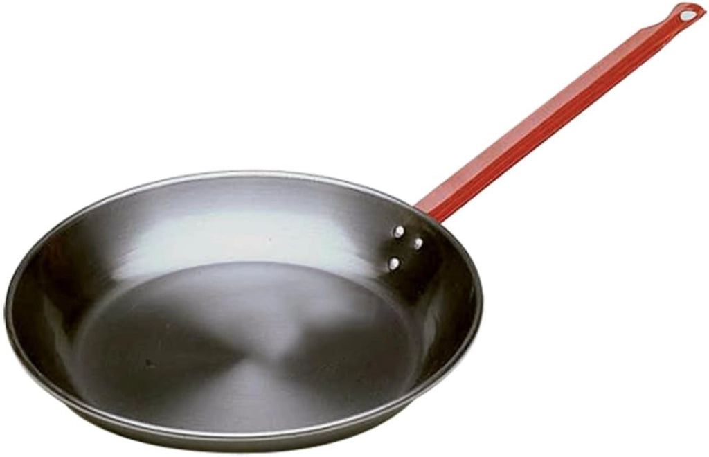 Padella in Ferro Spazzolato con Manico Rosso, per Spaghetti e Wok, Rotonda, Antiaderente Naturale, Manico Ergonomico, Uso Professionale 28 cm