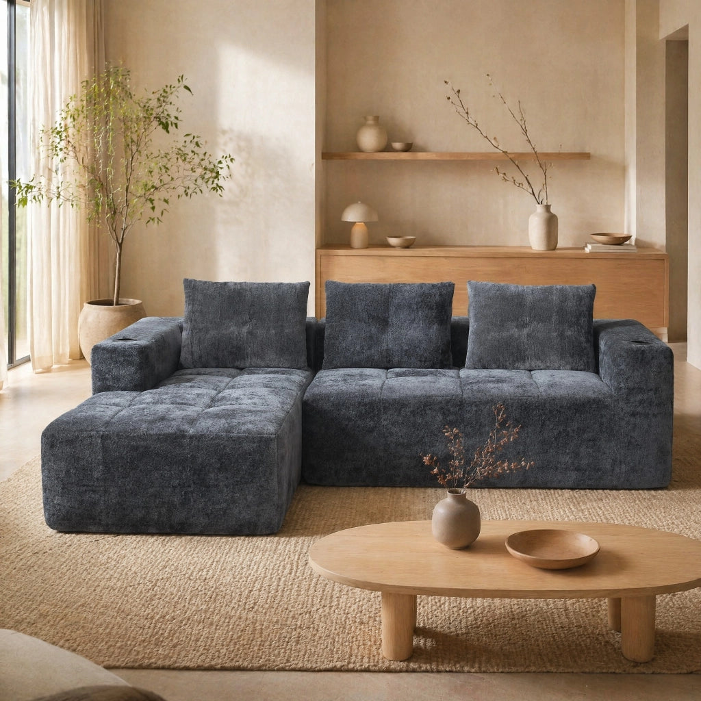 Divano ad angolo 4 e 5 posti con portabicchieri, in Chenille Grigio
