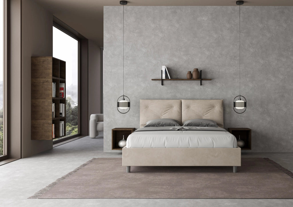 BS COM Letto matrimoniale contenitore imbottito 160x200 microfibra sabbia