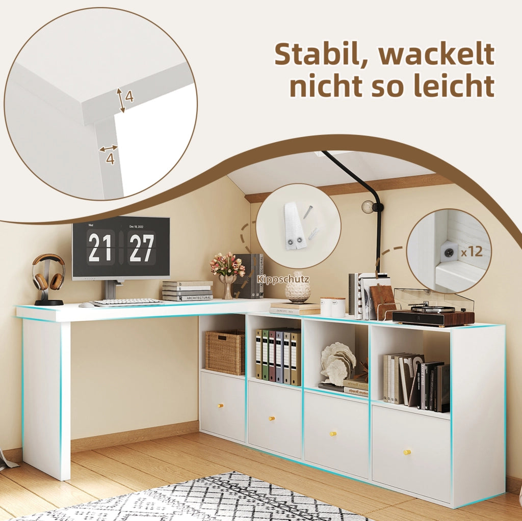 Scrivania angolare girevole 360° con 8 vani e 4 cassetti; 120x48x78 cm + 140x35x74 cm; MDF bianco