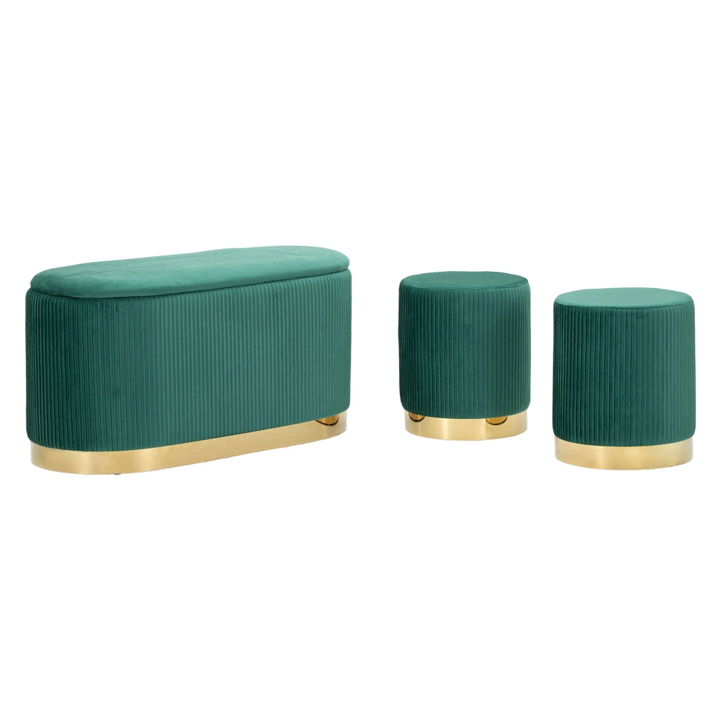 Soroti, Panca con due Sgabelli, Panca Contenitore, 80x37x42h cm Verde