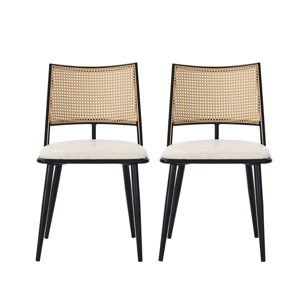 Sedia da pranzo 4 pezzi con seduta in PU, schienale in rattan, struttura in metallo, Nero