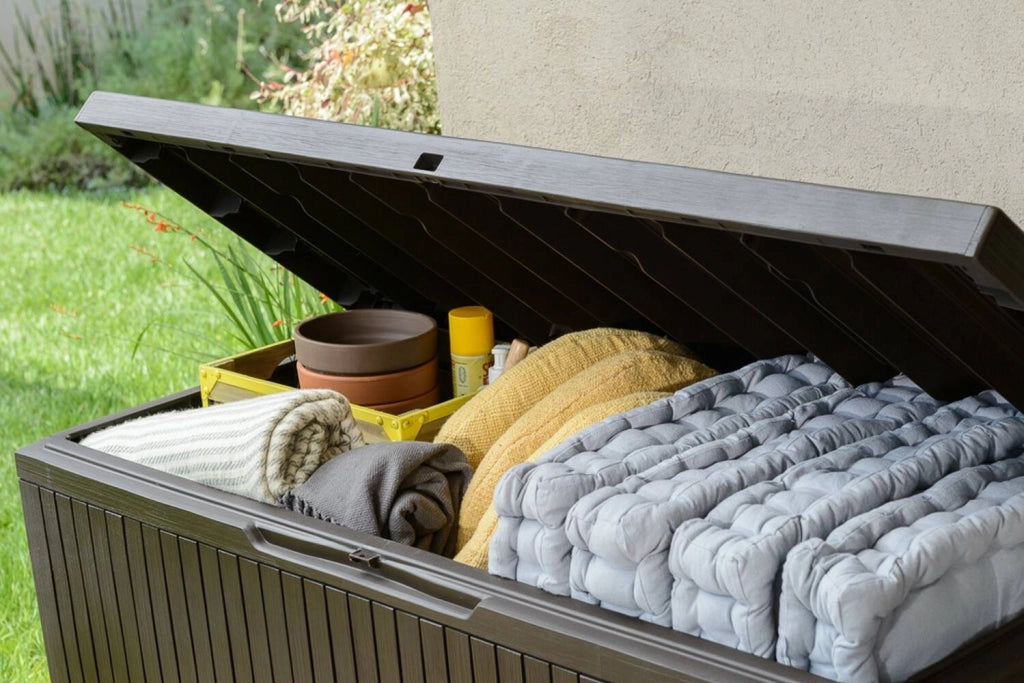 Cassapanca outdoor Burlington, Baule da giardino, Contenitore da esterno, Panchina contenitore da esterno, 123x54 h57 cm, Marrone
