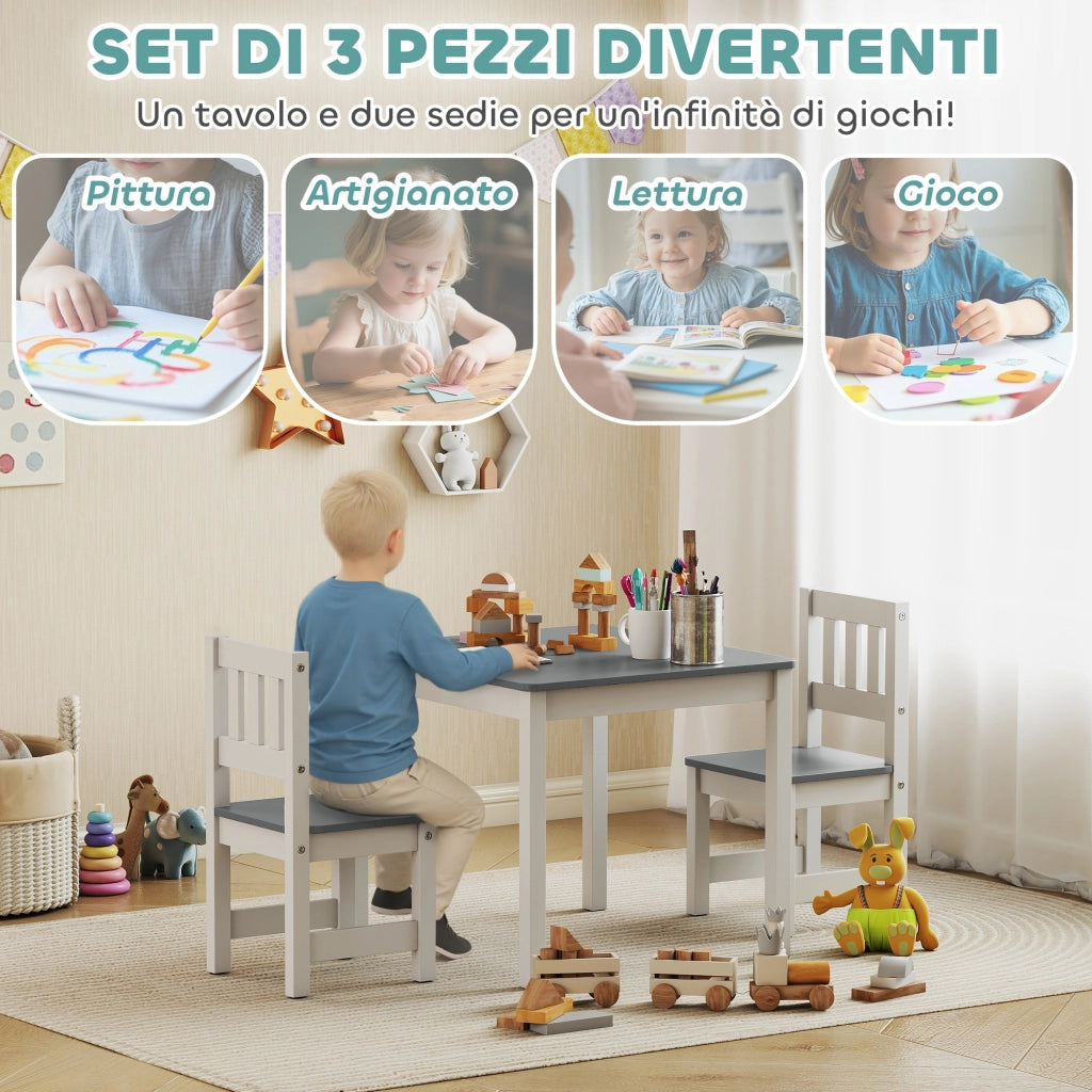 Set Sedie e Tavolo Bambini 3 Pezzi ¨C Minimal ¨C Legno Grigio e Bianco