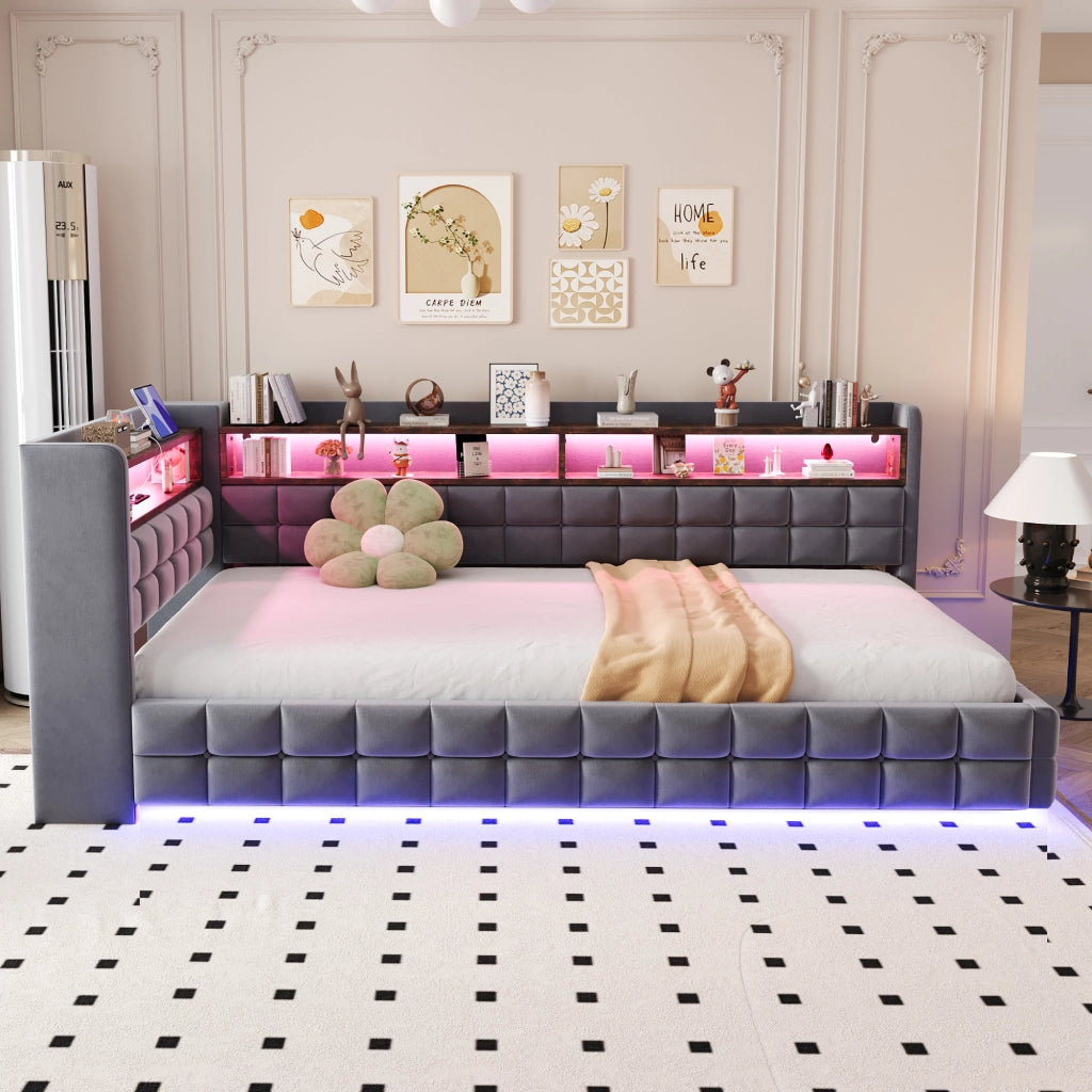 DIVANO LETTO 90x200 cm in velluto grigio con LED, prese USB e vano contenitore