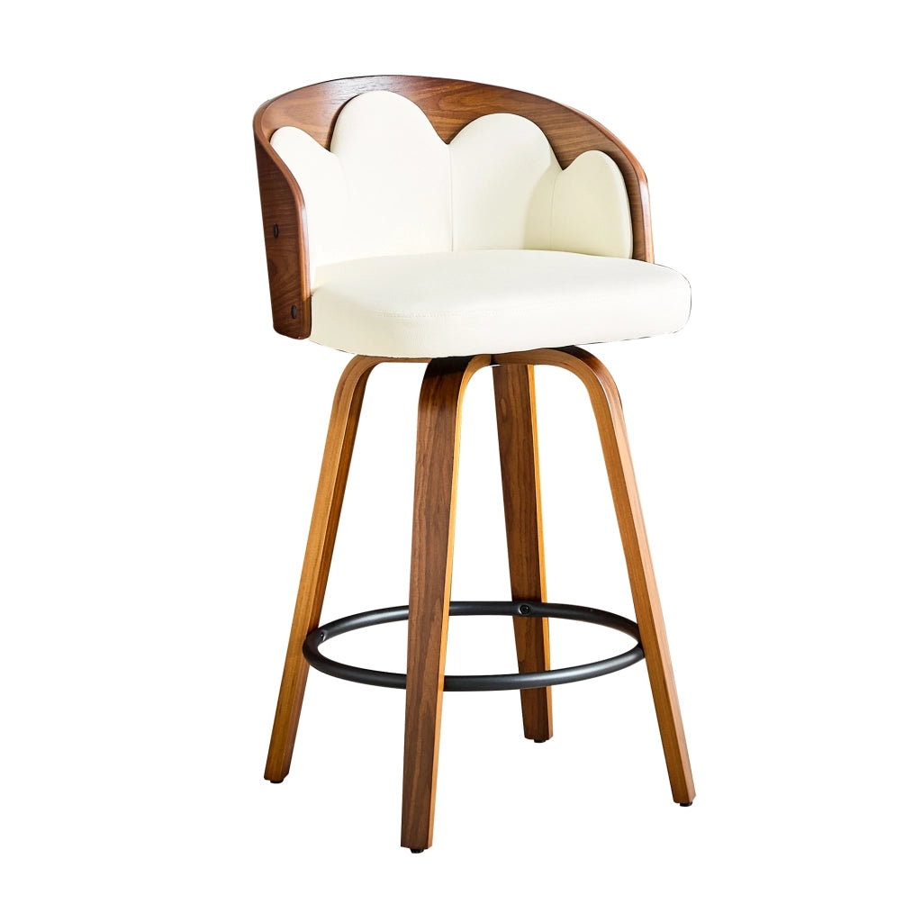 Set di 2 sgabelli da bar con schienale floreale; poggiapiedi in metallo; legno curvato e similpelle bianca