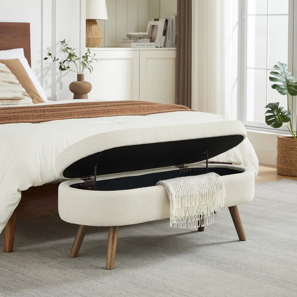 Panca contenitore 110 cm in chenille beige, struttura robusta in MDF, con vano portaoggetti e piedini antiscivolo