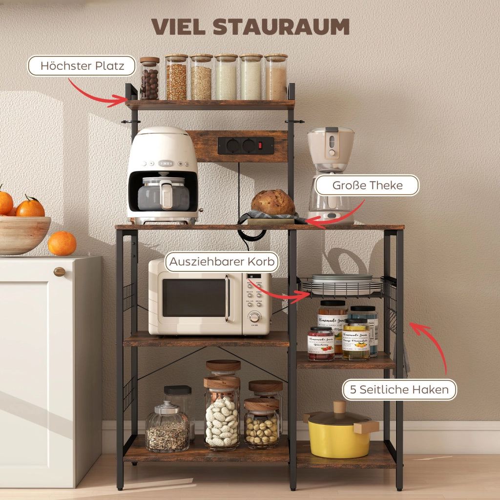Scaffale da cucina con 2 prese, 5 ganci, 5 ripiani, cestino ¨C Xylo ¨C metallo nero 90x42x130cm
