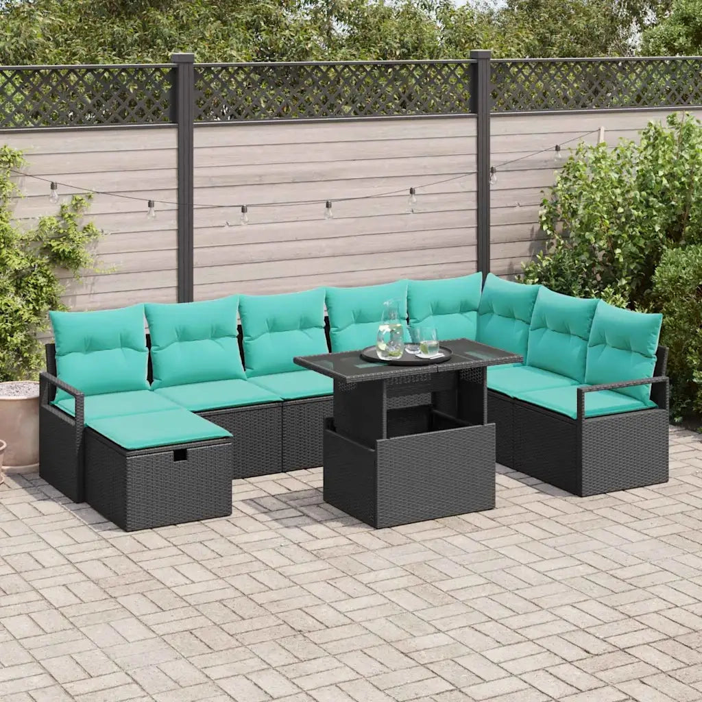 Set Divano da Giardino con cuscino 9 pcs Nero Poly Rattan 3359823
