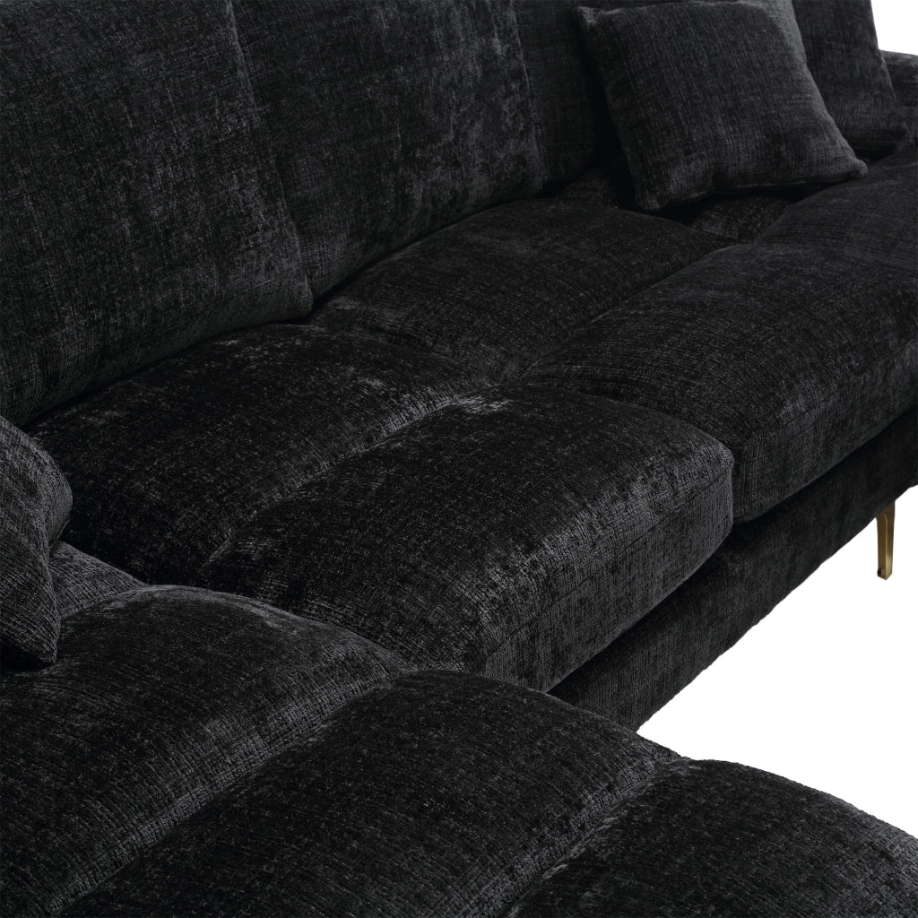 Divano Panoramico a U con Doppia Chaise Longue, 4 Cuscini Schienale, Gambe in Metallo, Ciniglia Nero 272 × 136 × 88 cm