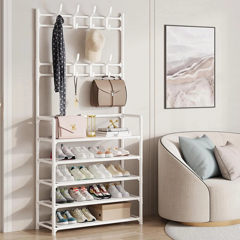 Trade Shop - Scarpiera Cappelliera Da Terra Casa Appendiabiti 3 In 1 Panca Scarpe Con 8 Ganci - Bianco