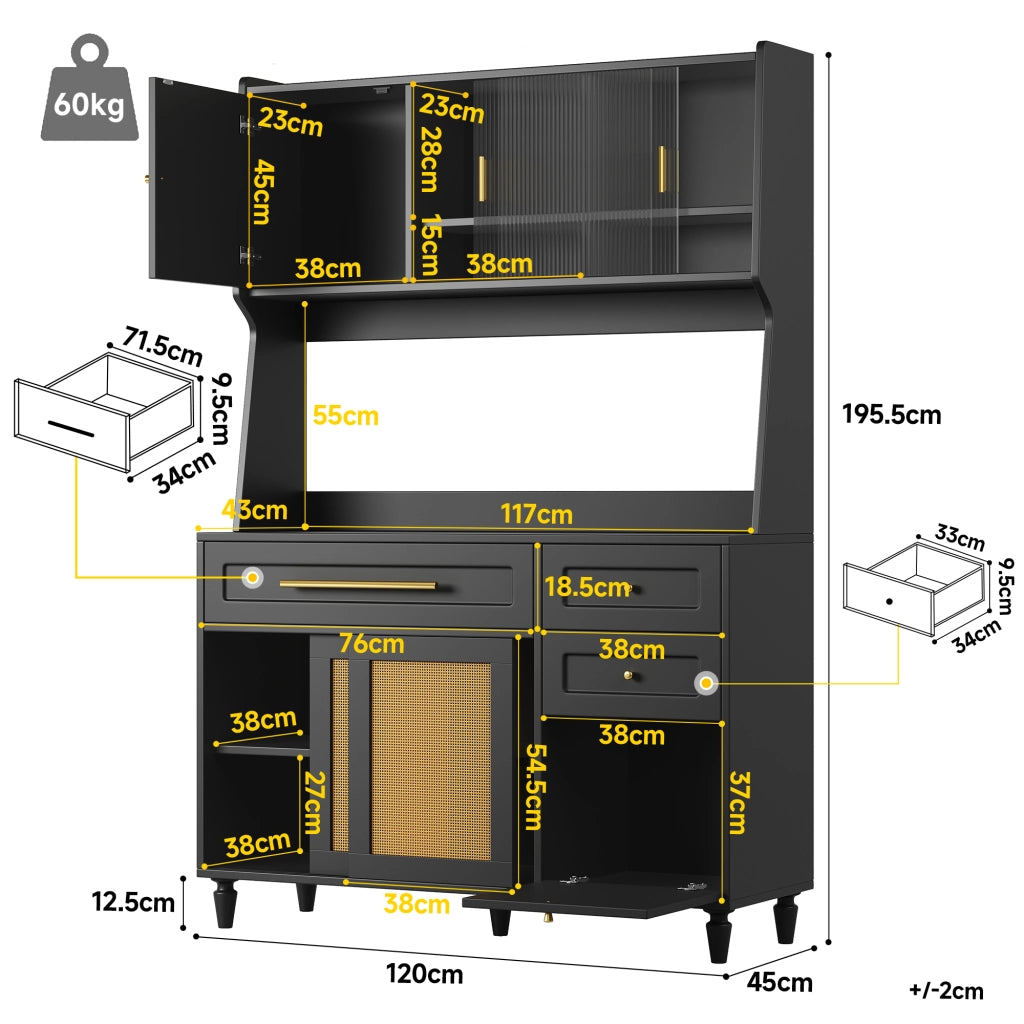 Credenza alta con LED, 3 cassetti e ripiani regolabili 120x45x195,5 cm nera